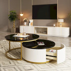 Table basse gigogne ronde moderne avec tiroir et base dorée pour le salon