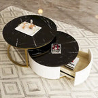 Table basse gigogne ronde moderne avec tiroir et base dorée pour le salon