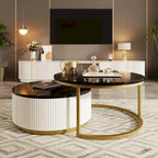 Table basse gigogne ronde moderne avec tiroir et base dorée pour le salon