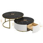 Table basse gigogne ronde moderne avec tiroir et base dorée pour le salon