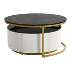 Table basse gigogne ronde moderne avec tiroir et base dorée pour le salon