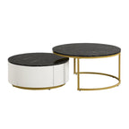 Table basse gigogne ronde moderne avec tiroir et base dorée pour le salon
