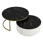 Table basse gigogne ronde moderne avec tiroir et base dorée pour le salon