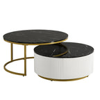 Table basse gigogne ronde moderne avec tiroir et base dorée pour le salon