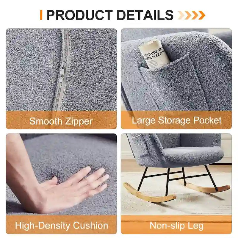 Javlergo Fauteuil à bascule Teddy rembourré 2 pièces avec poches de rangement Fauteuils à bascule d'appoint modernes Fauteuil latéral confortable
