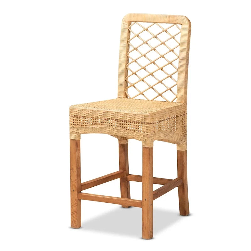 Tabouret de comptoir Moscou bohème moderne en rotin et bois naturel marron