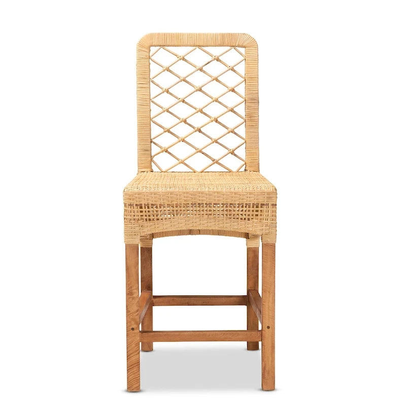 Tabouret de comptoir Moscou bohème moderne en rotin et bois naturel marron