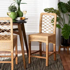 Tabouret de comptoir Moscou bohème moderne en rotin et bois naturel marron