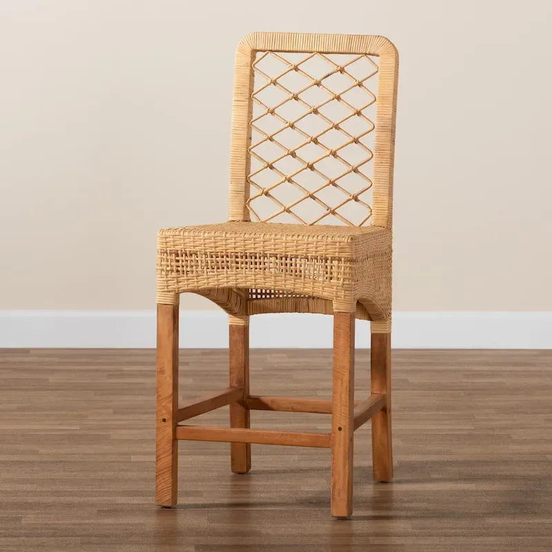 Tabouret de comptoir Moscou bohème moderne en rotin et bois naturel marron