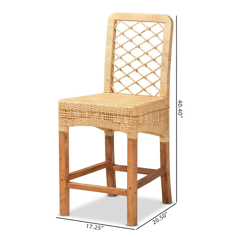 Tabouret de comptoir Moscou bohème moderne en rotin et bois naturel marron