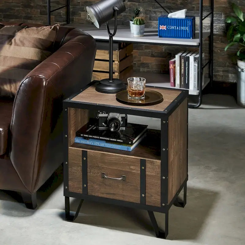 DH BASIC Industrial Oak 17-inch Metal 1-Drawer End Table by  