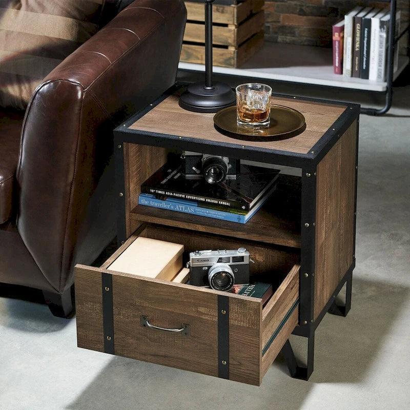 Table d'appoint industrielle en chêne DH BASIC avec 1 tiroir en métal, 43 cm par