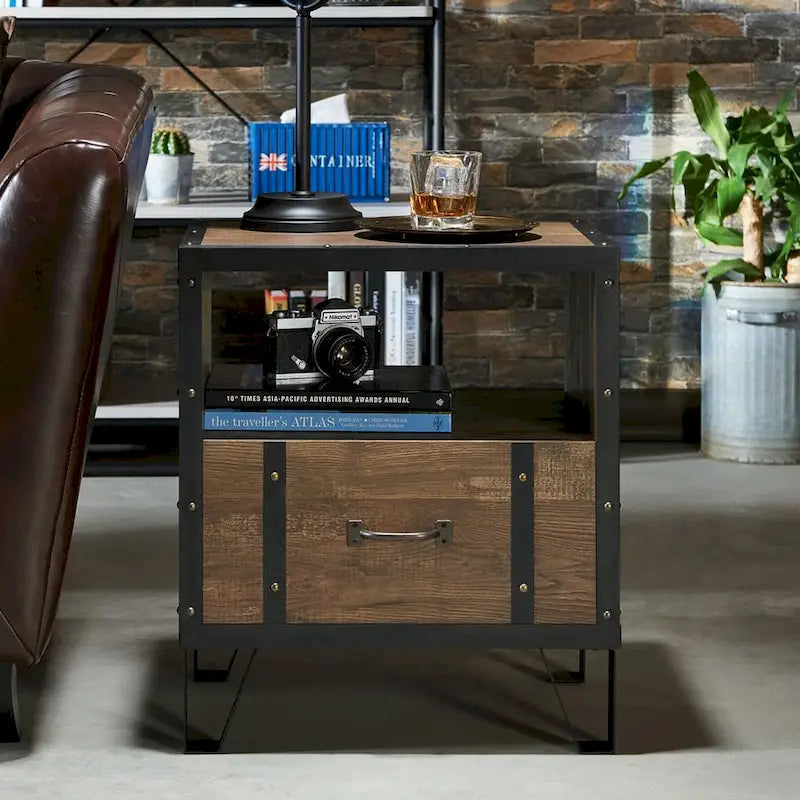 Table d'appoint industrielle en chêne DH BASIC avec 1 tiroir en métal, 43 cm par
