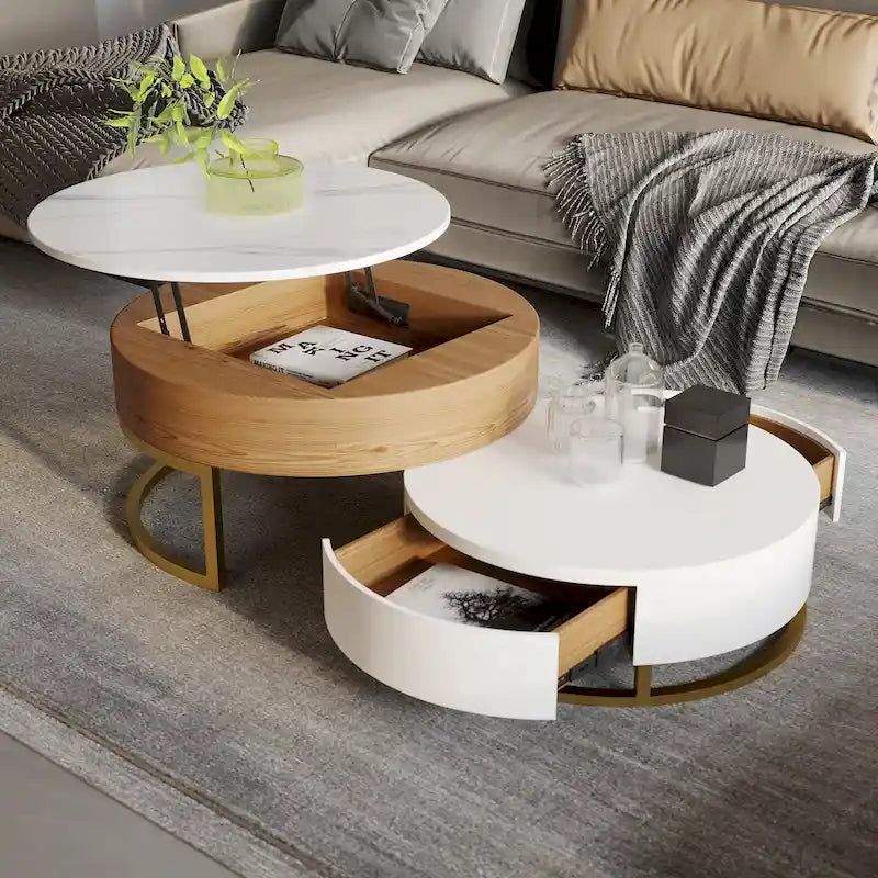 Lot de 2 tables basses rondes relevables avec rangement, 2 tiroirs en pin, plateau pivotant, design gigogne