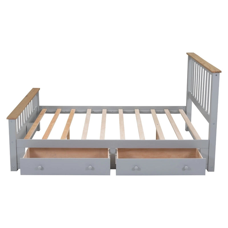 Lit plateforme Queen en bois avec deux tiroirs et lattes de bois, gris+naturel