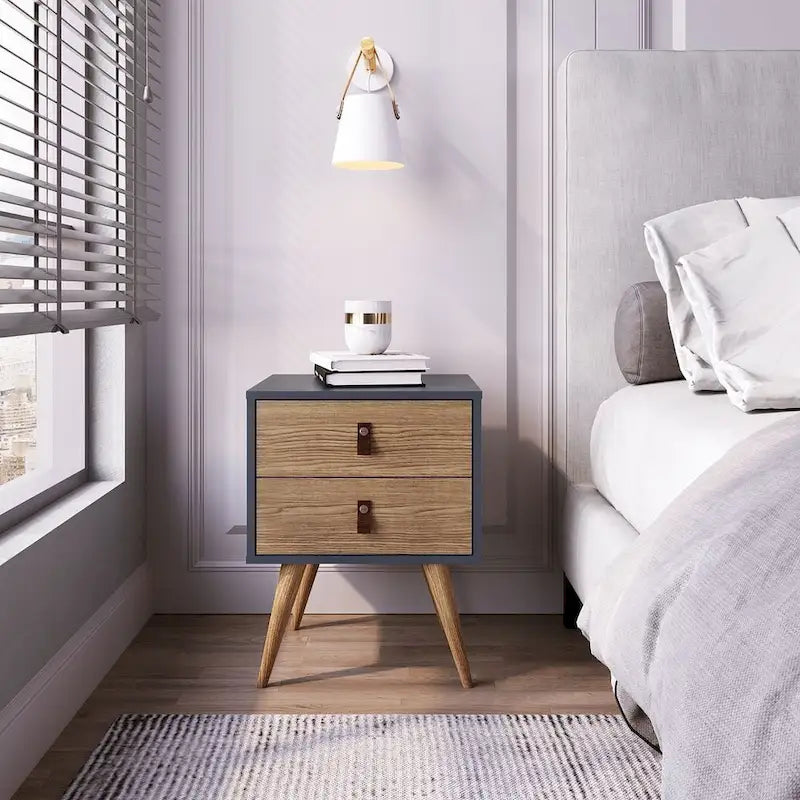   Amber Nightstand with Faux Leather Handles in Blue and Nature