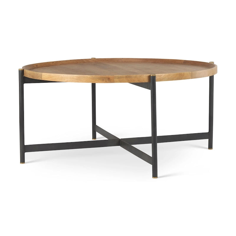 Marquisa Medium Brown Solid Wood w/ Black Iron Frame 42 Round Coffee Table - 42L x 42W x 19H