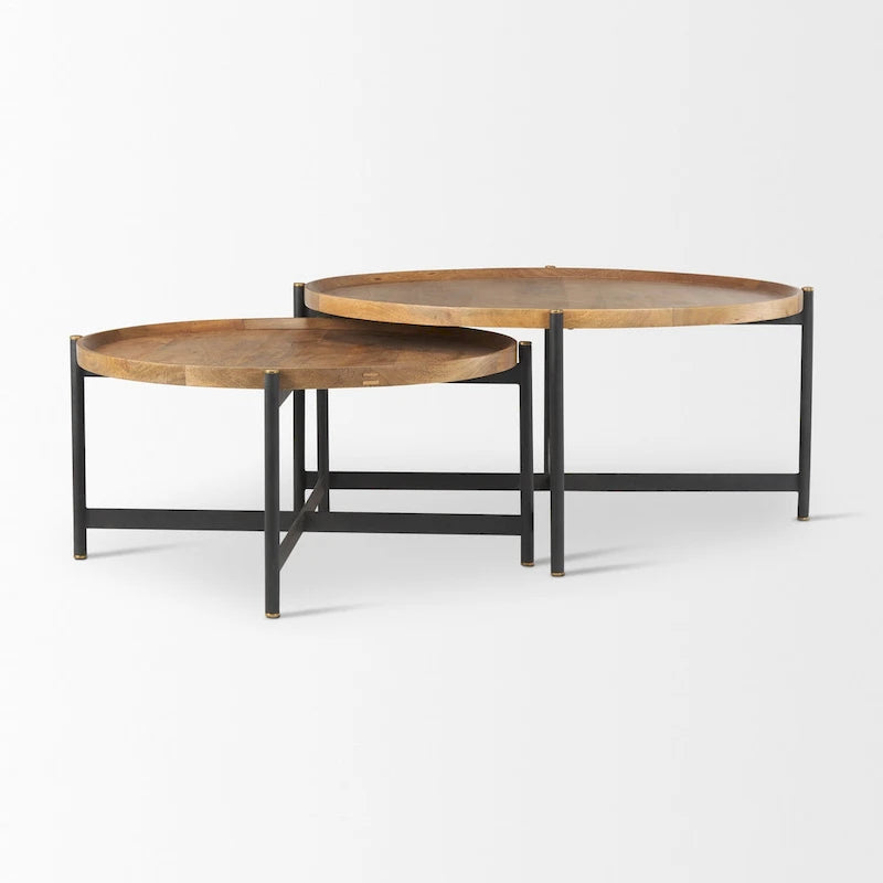 Table basse ronde 42 po en bois massif brun moyen Marquisa avec cadre en fer noir - 42L x 42P x 19H