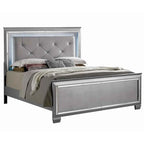 Textured Queen King Size Bed with Silver Trim Accents, Beige