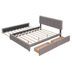 Lit plateforme rembourré avec 2 tiroirs et 1 lit gigogne jumeau XL, en tissu lin, format Queen