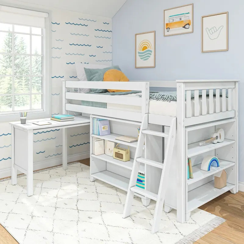 Lit jumeau mi-hauteur avec bureau coulissant et bibliothèques à 3 étagères