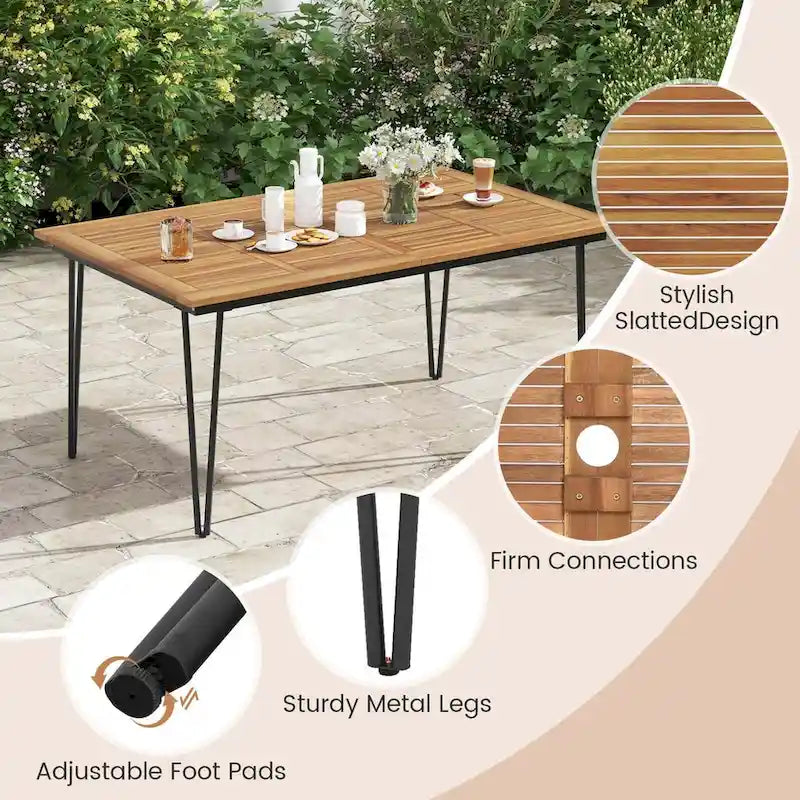 Table de salle à manger d'extérieur de 63 pouces avec plateau en bois d'acacia et pieds en métal