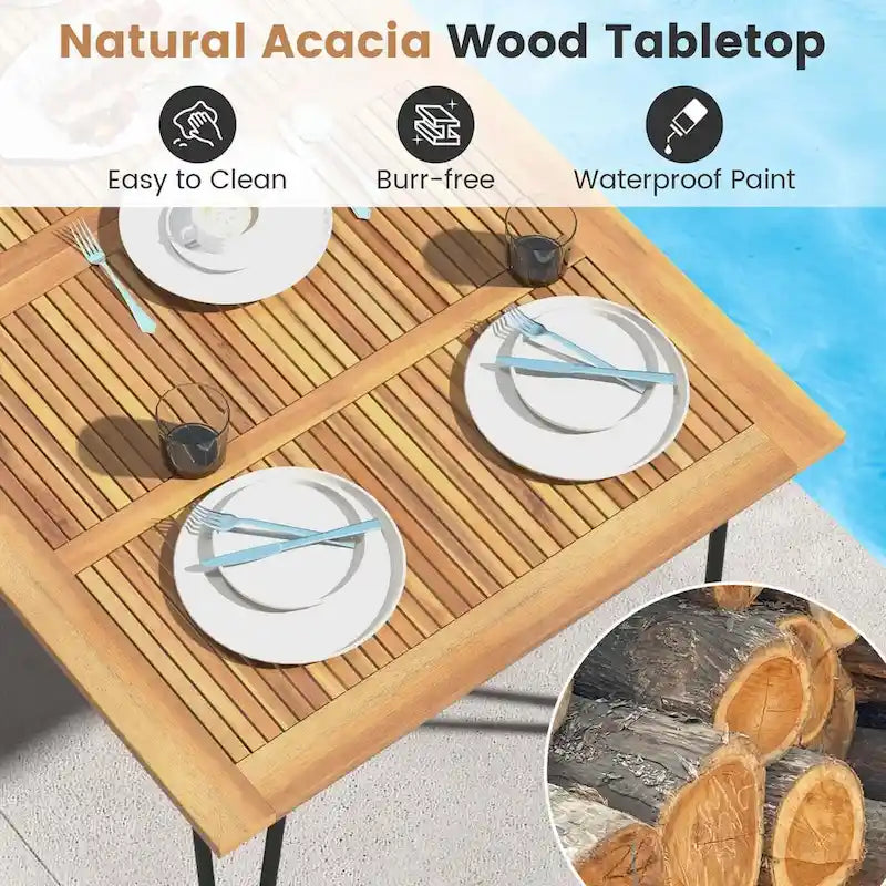 Table de salle à manger d'extérieur de 63 pouces avec plateau en bois d'acacia et pieds en métal