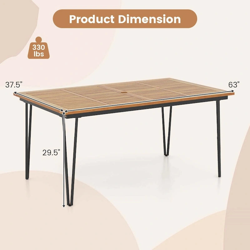 Table de salle à manger d'extérieur de 63 pouces avec plateau en bois d'acacia et pieds en métal