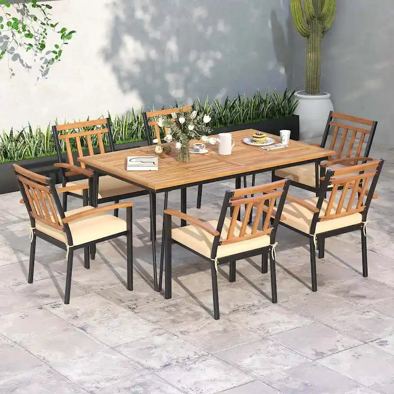 Table de salle à manger d'extérieur de 63 pouces avec plateau en bois d'acacia et pieds en métal