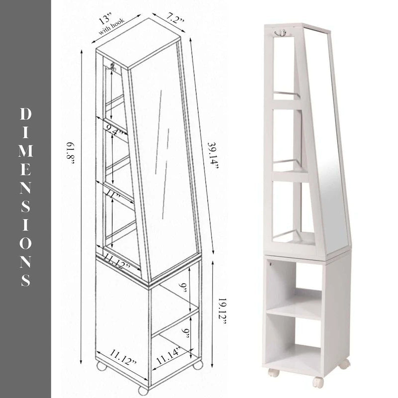 Miroir armoire étagères rotatives Miami White avec base roulante - 13L x 11 3/4l x 61 1/2H