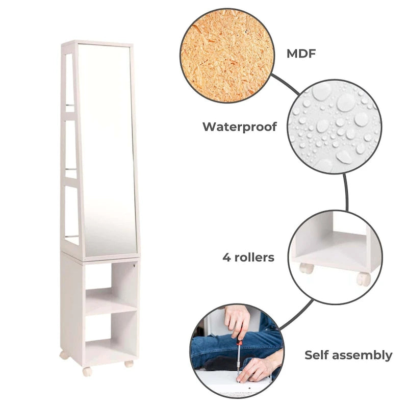 Miroir armoire étagères rotatives Miami White avec base roulante - 13L x 11 3/4l x 61 1/2H