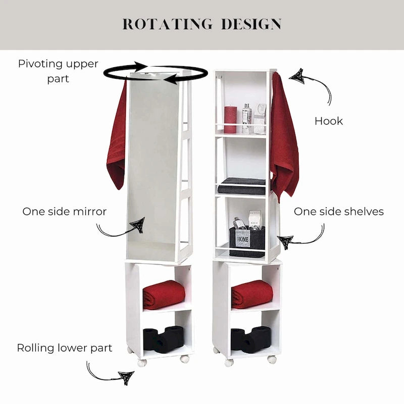 Miroir armoire étagères rotatives Miami White avec base roulante - 13L x 11 3/4l x 61 1/2H