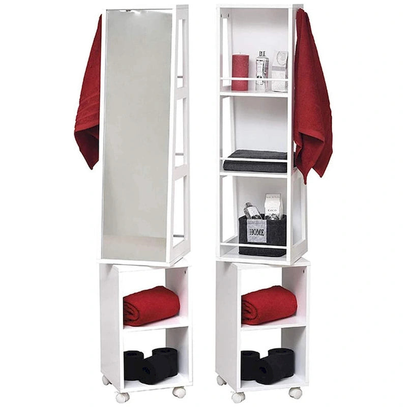 Miroir armoire étagères rotatives Miami White avec base roulante - 13L x 11 3/4l x 61 1/2H