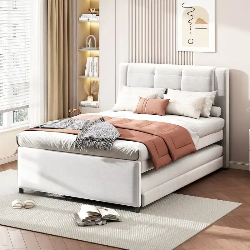 Lit plateforme rembourré pleine grandeur avec lit gigogne